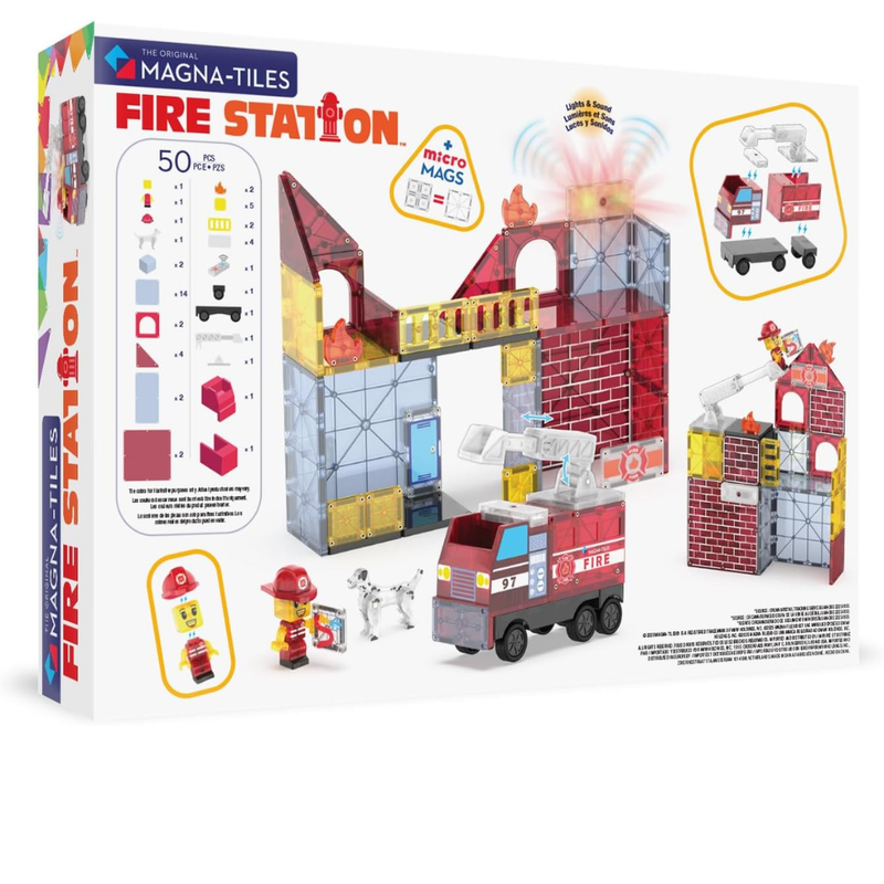 Magna-Tiles Fire Station toy set packaging with fire station and truck models on a white background.