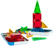 A colorful magnetic tile building toy set with translucent triangle and star pieces in red, green, blue, yellow, and orange, arranged on trays against a white background.