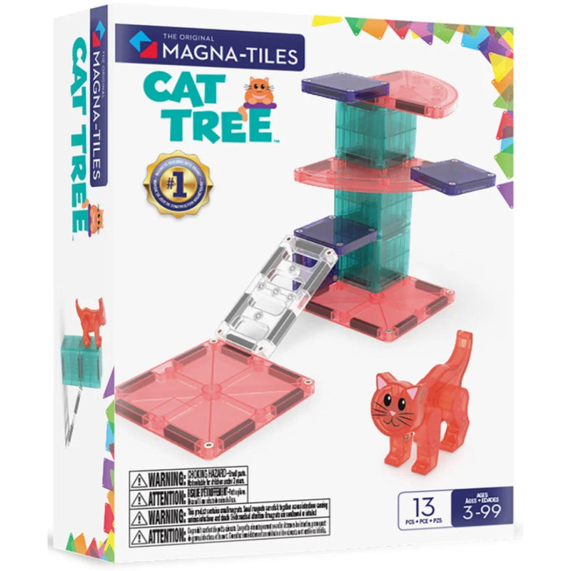 Magna-Tiles Cat Tree toy set in its retail packaging, featuring a white box with colorful graphics of the assembled translucent cat tree and a red cat figure.