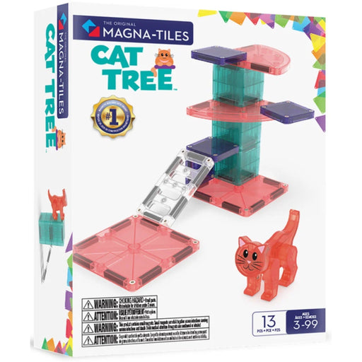 Magna-Tiles Cat Tree toy set in its retail packaging, featuring a white box with colorful graphics of the assembled translucent cat tree and a red cat figure.