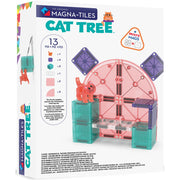 The Original Magna-Tiles Cat Tree building kit box, showing the assembled pink and teal cat tree structure on the front, with product details and age appropriateness text on a white background.