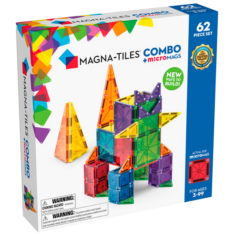 Magna-Tiles Combo +micromags 62-piece building toy set in its retail packaging, featuring a white and blue box with colorful translucent tiles and a model rocket construction shown on the front.