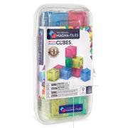 Clear plastic case containing Magna-Tiles cubes products of different colors (red, green, blue and yellow). 