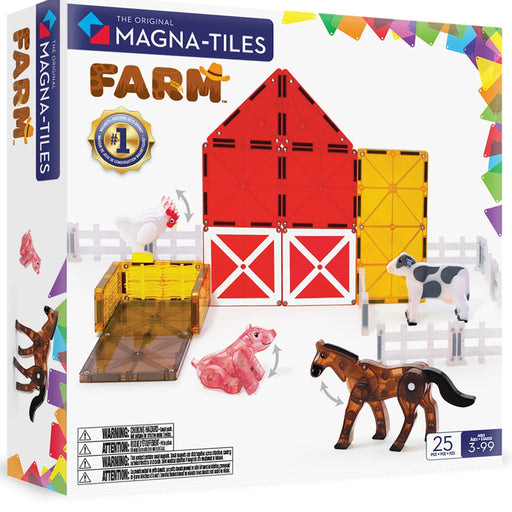 The Original Magna-Tiles Farm toy set in its retail box, featuring a red barn, yellow and brown horse, pink pig, cow, chicken, and other farm pieces displayed on a white box with colorful graphics.