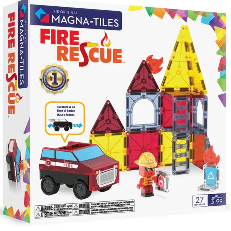 Magna-Tiles Fire Rescue toy set in its retail box, featuring a red fire truck, a firefighter minifigure, and colorful magnetic building pieces arranged to form a tower and flags on a white background.