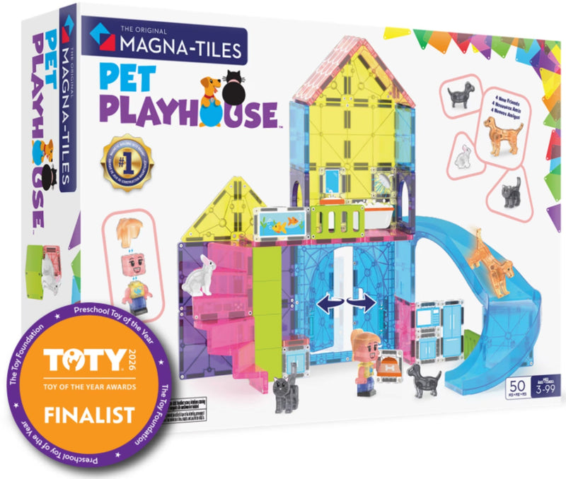 The Original Magna-Tiles Pet Playhouse toy set in its retail box, featuring a colorful translucent house with stairs, slide, and dog figures, plus a TOY Awards Finalist badge on a white background.