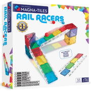 Magna-Tiles Rail Racers toy building set box, showing colorful translucent magnetic tiles assembled into a racetrack and arch, with age and piece counts on a white package.