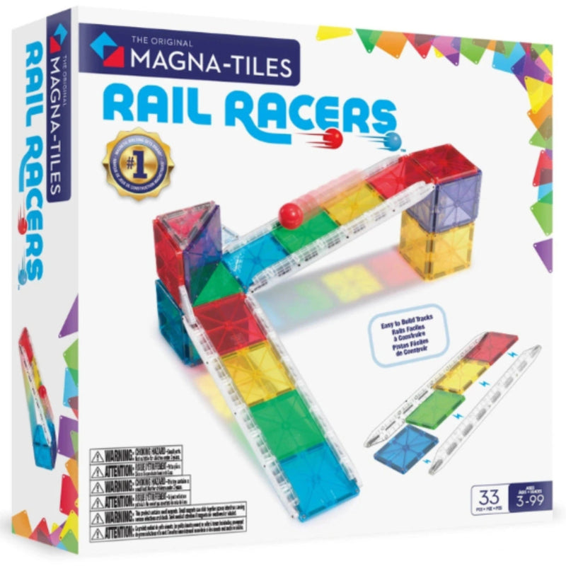 Magna-Tiles Rail Racers toy building set box, showing colorful translucent magnetic tiles assembled into a racetrack and arch, with age and piece counts on a white package.
