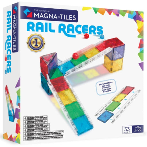 Magna-Tiles Rail Racers toy building set box, showing colorful translucent magnetic tiles assembled into a racetrack and arch, with age and piece counts on a white package.