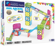 The Original Magna-Tiles Rail Racers Max toy set box, showing a colorful assembled magnetic tile racetrack with slides, loops, and track pieces on a white background.