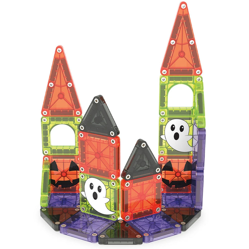 A fun orange, green, black and purple halloween castle built with MagnaTiles Spooky Travel set of tiles.