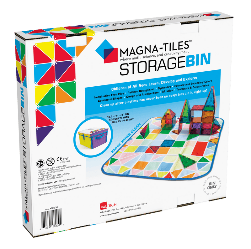 Magna-Tiles Storage Bin product packaging showing colorful magnetic tiles and play mat