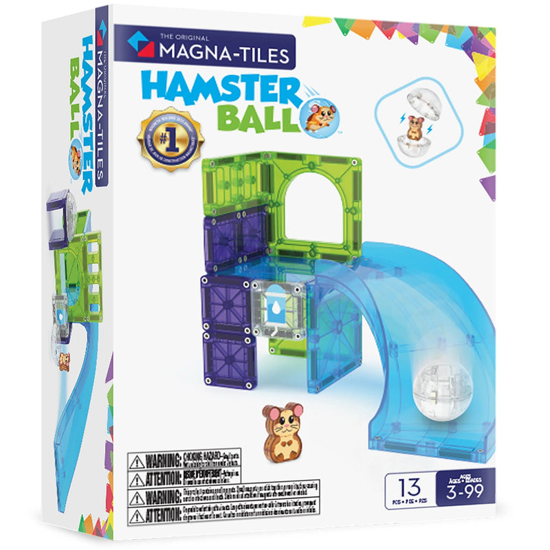 Hamster Ball magnetic tile kit box by Magna-Tiles, featuring a colorful printed package design with an illustration of a transparent blue tunnel, green and purple magnetic tiles, and a hamster ball.