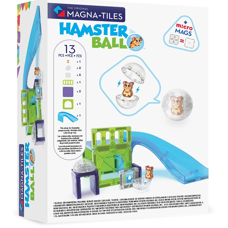 The retail packaging for the back of the box for 'The Original Magna-Tiles Hamster Ball' toy set. The white box features colorful graphics of the hamster play set, including a blue ball, green and purple climbing structures, and a blue slide, alongside illustrations of hamsters inside and outside the ball.