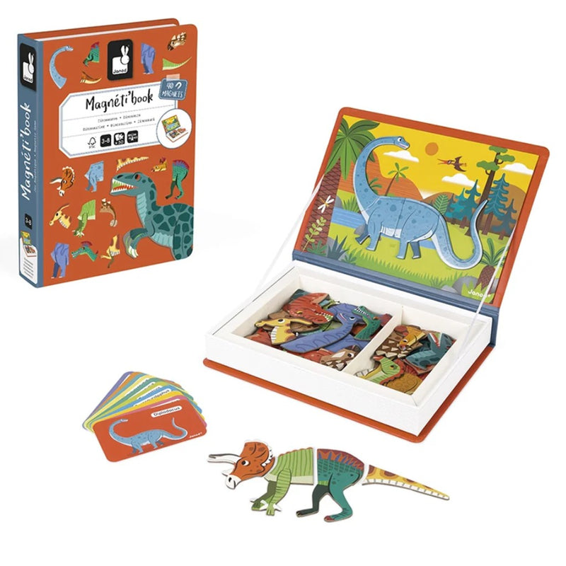 Magnetic book with dinosaur illustrations and a separate magnetic dinosaur figure on a white background