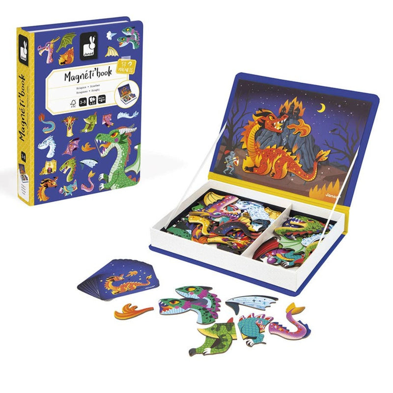 Magnetic book with dragon illustrations and open to show magnetic pieces on a white background