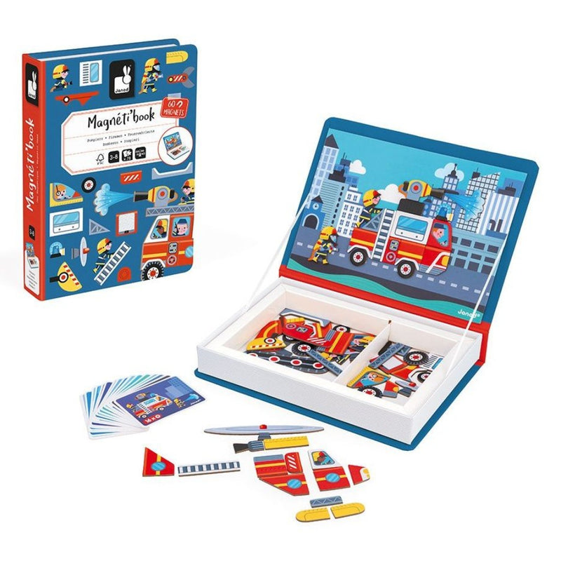 Children's magnetic book with illustrations of a cityscape, fire truck, and airplane on a white background.