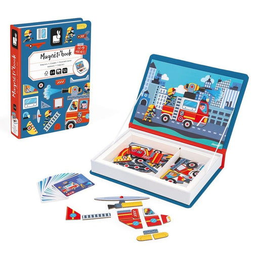 Children's magnetic book with illustrations of a cityscape, fire truck, and airplane on a white background.