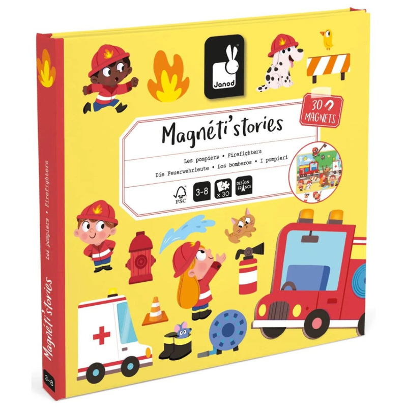 Magnetic storybook with magnetic characters inside for pretend play.  Firemen, fire truck, flames & fire extinguisher on front cover.  