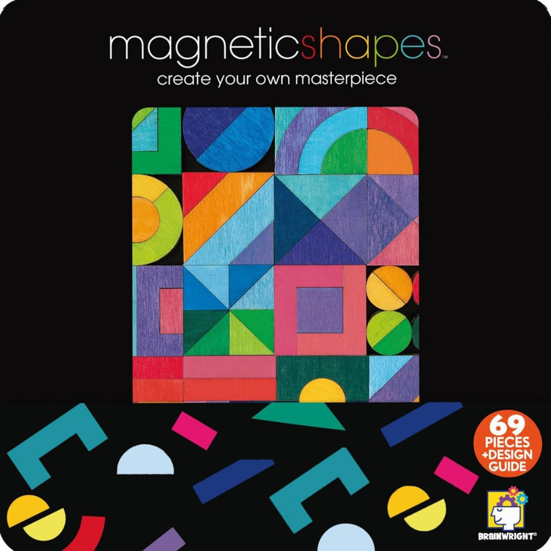 Colorful geometric magnetic shapes on a black background with BrightWright branding.
