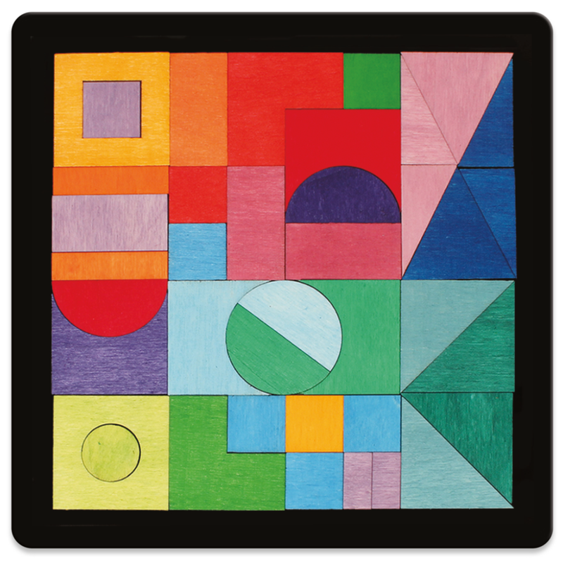Colorful geometric wooden blocks on a black background.