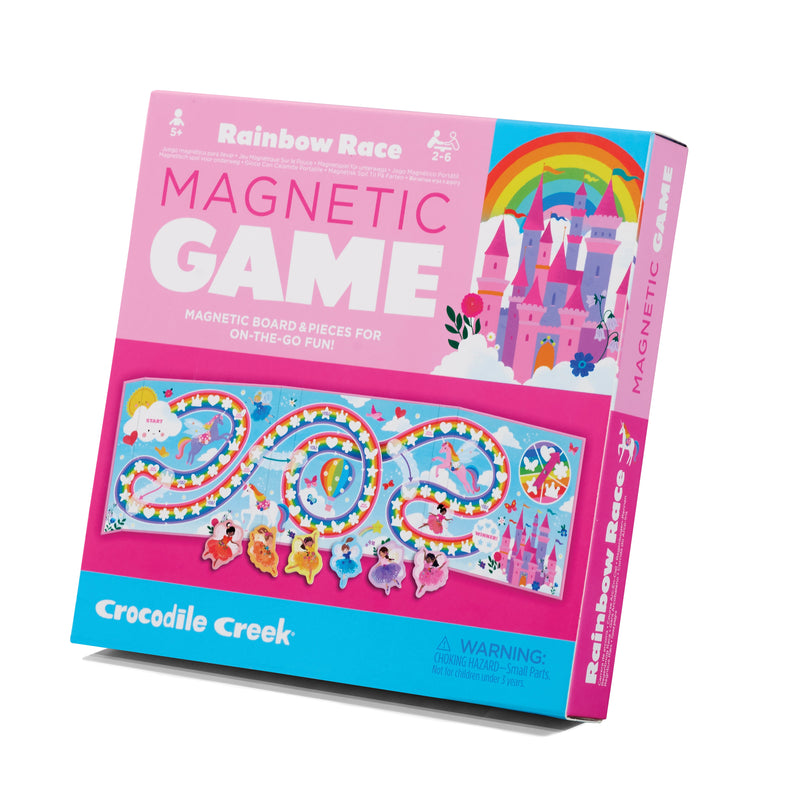 Crocodile Creek Rainbow Race Magnetic Game box showing colorful unicorn-themed board game.