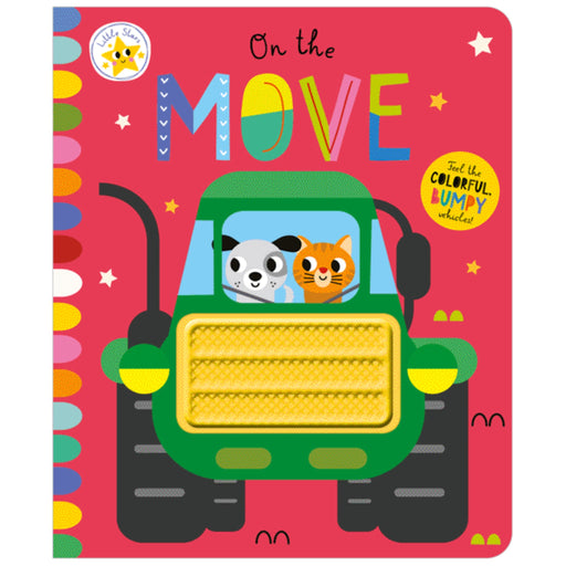 A children's board book titled 'On the MOVE' featuring a colorful illustration of a green tractor with a dog and cat inside. The book has a pink background with playful text and bright multicolored accents.
