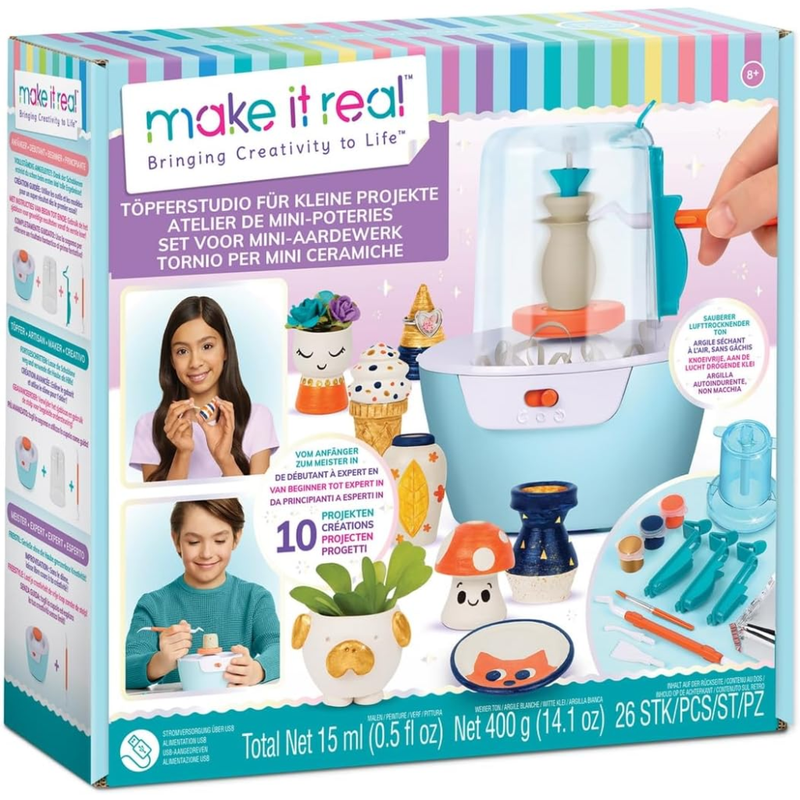 Make It Real pottery studio kit packaging with images of children and ceramic creations.