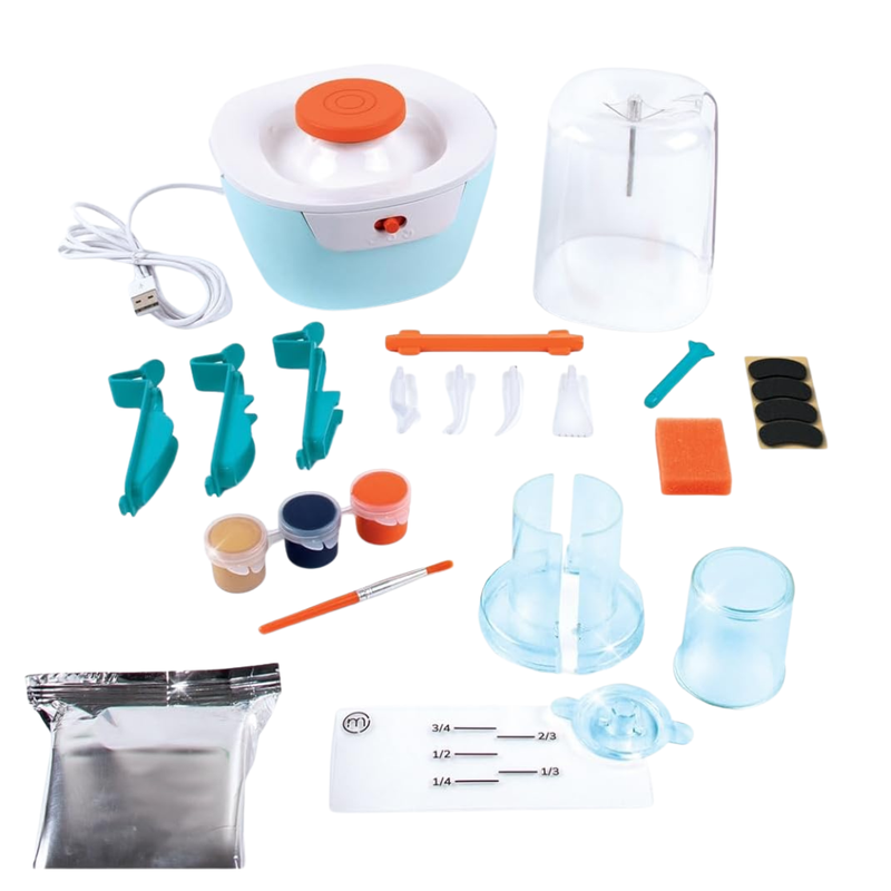 Set of items including a small appliance, tools, and containers on a white background
