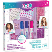 Box of 3C4G glitter locks hair accessory set with star-shaped tools and hair chalks.