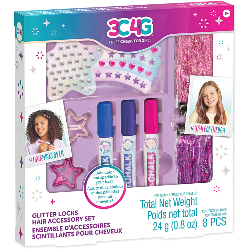 Box of 3C4G glitter locks hair accessory set with star-shaped tools and hair chalks.