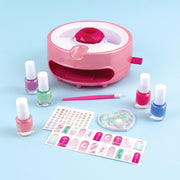 Pink nail art machine with nail polish bottles, stickers, and a pen on a light blue background