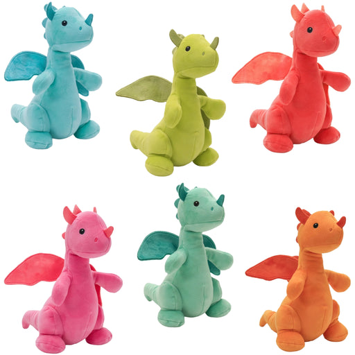 Six plush dragon toys in different bright colors arranged on a plain white background: light blue, lime green, coral red, pink, mint green, and orange.