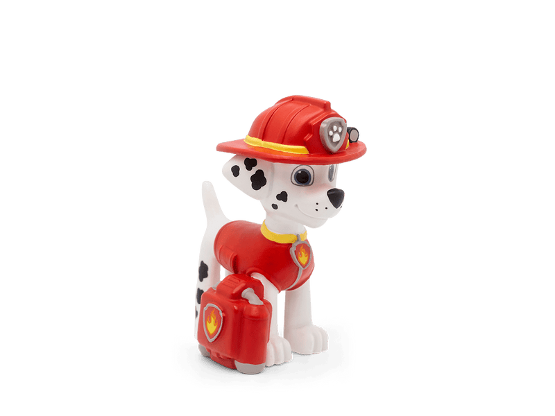 Marshall Paw Patrol Tonie figure in red firefighter uniform and helmet on green background