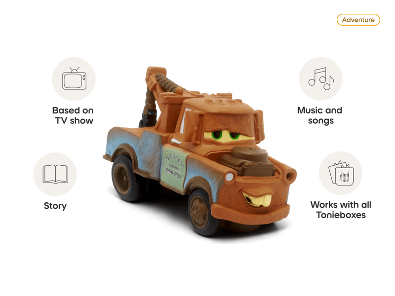 Tonie Disney Cars 2 Mater figure with feature icons showing TV show, story, music and Toniebox compatibility