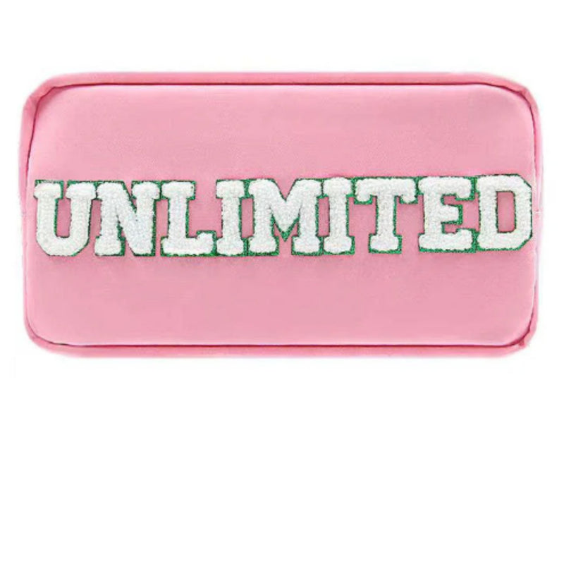 A pink zippered pouch or case featuring the word 'UNLIMITED' embroidered in white across the front with a green outline, set against a plain white background.