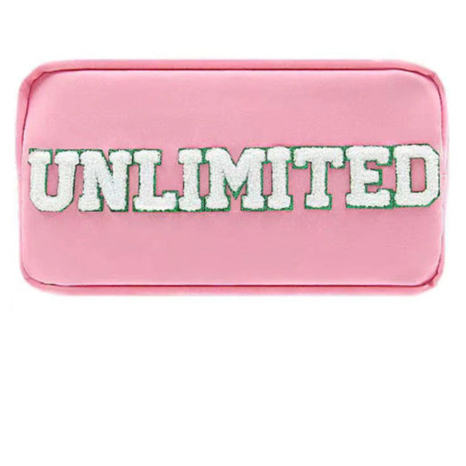 A pink zippered pouch or case featuring the word 'UNLIMITED' embroidered in white across the front with a green outline, set against a plain white background.