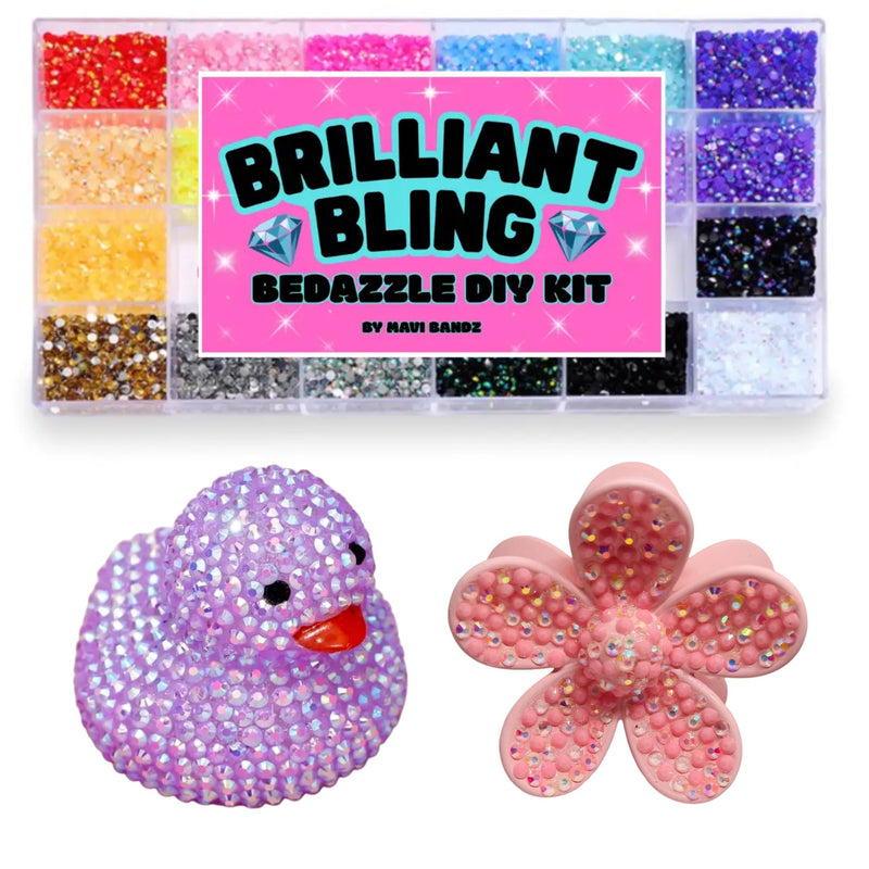 Brilliant Bling Bedazzle DIY Kit by Mavi Bandz, featuring a clear plastic tray of 24 colorful iridescent rhinestones and two finished DIY embellishment samples: a purple rhinestone-covered duck and a pink rhinestone-covered flower.