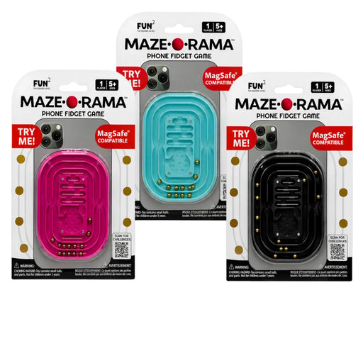 Three packaged phone fidget games by MazaRama are shown on a white background: one pink, one aqua/turquoise, and one black. Each package includes the MazaRama branding, a 'TRY ME!' label, and a MagSafe-compatible badge.