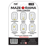 Maze Rama Challenges card game packaging featuring six illustrated maze challenges: Lone Ranger Easy, Slanty Medium, Stacked Medium, Triple Trap Hard, Spin Cycle Hard, and Ducks in a Row Extreme. The package includes age 1+, 5+ player icons and a barcode at the bottom.