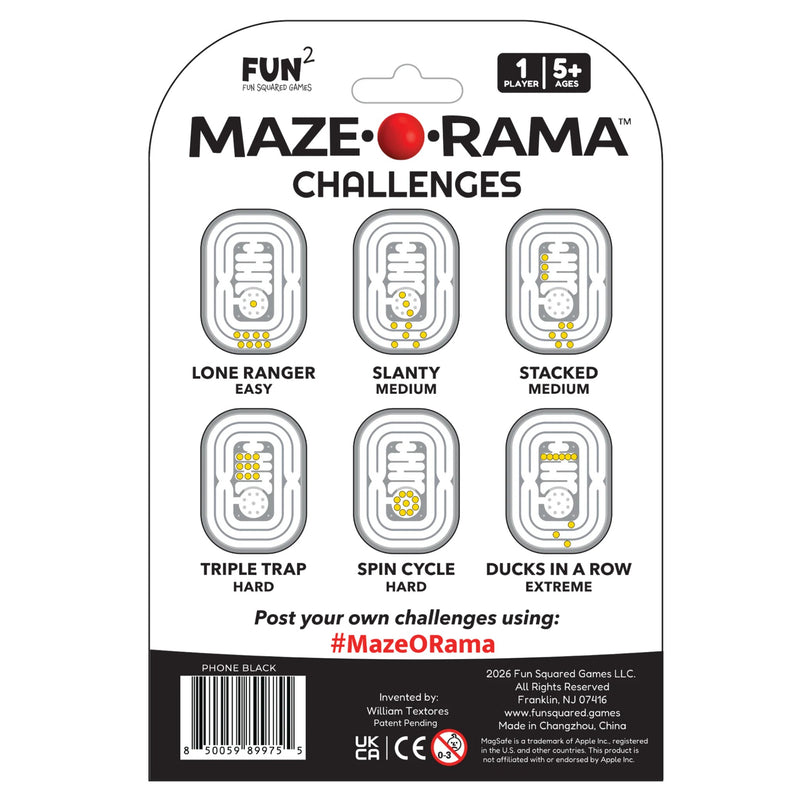 Maze Rama Challenges card game packaging featuring six illustrated maze challenges: Lone Ranger Easy, Slanty Medium, Stacked Medium, Triple Trap Hard, Spin Cycle Hard, and Ducks in a Row Extreme. The package includes age 1+, 5+ player icons and a barcode at the bottom.