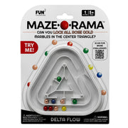 Maze Rama marble puzzle game in its original retail blister packaging, featuring a white triangular marble run with colorful marbles on a white and black card.