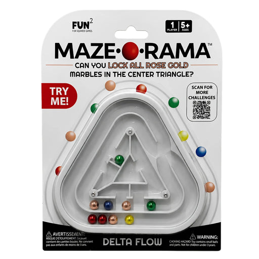 Maze Rama marble puzzle game in its original retail blister packaging, featuring a white triangular marble run with colorful marbles on a white and black card.