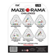 Maze Challenges card game packaging featuring six illustrated maze challenges: Golden Rose Easy, Rainbow Easy, Partners Medium, Color Rush Medium, No Two Alike Hard, and The Eye Hard. The package includes a white hanging card with black text, a red Maze logo dot, and a black barcode band at the bottom.