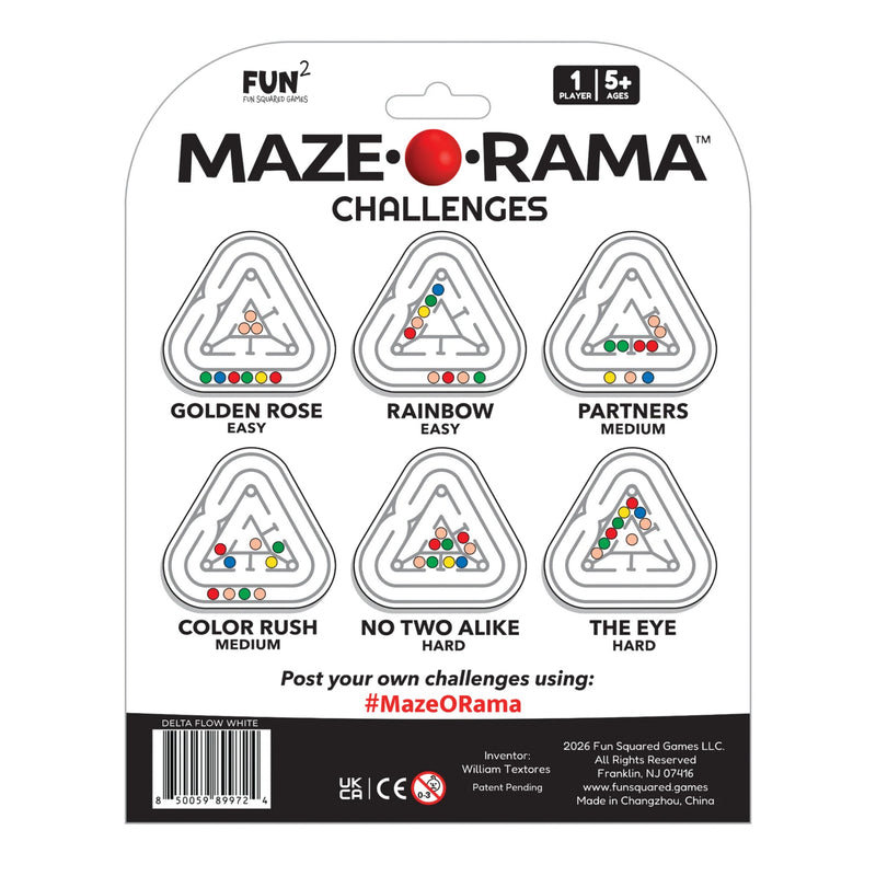 Maze Challenges card game packaging featuring six illustrated maze challenges: Golden Rose Easy, Rainbow Easy, Partners Medium, Color Rush Medium, No Two Alike Hard, and The Eye Hard. The package includes a white hanging card with black text, a red Maze logo dot, and a black barcode band at the bottom.