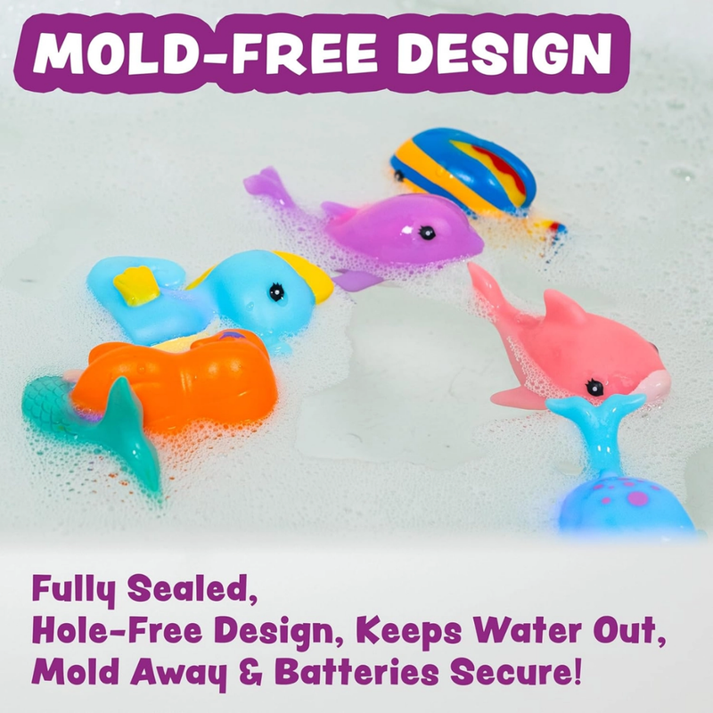 Colorful bath toys with a mold-free design feature on a white background.