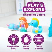 Mermaid and whale bath toys from Tub Works with educational icons and text on a white background