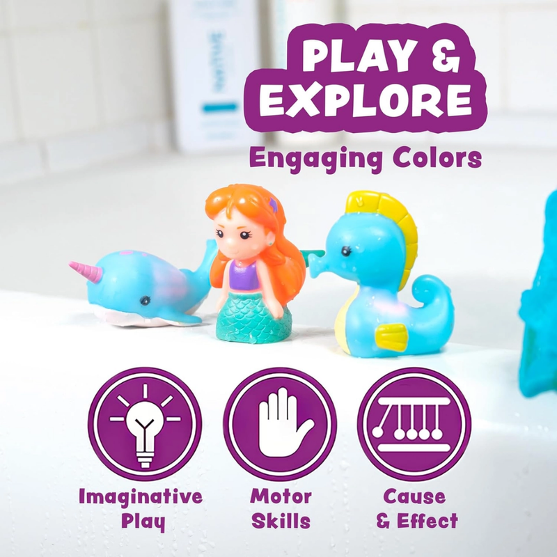 Mermaid and whale bath toys from Tub Works with educational icons and text on a white background