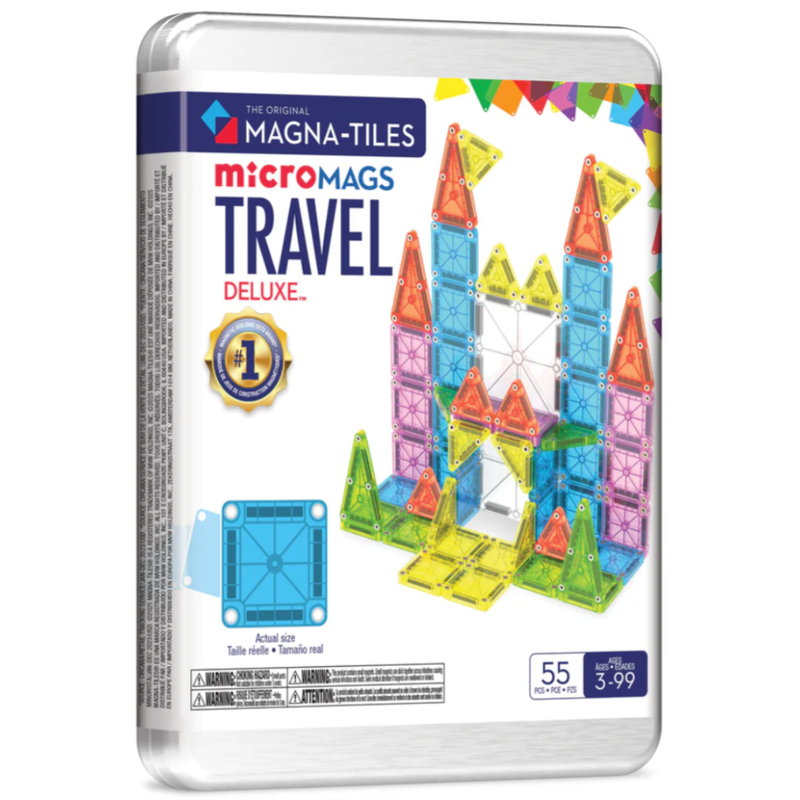 Magna-Tiles microMags Travel Deluxe packaging with colorful magnetic building blocks on a white background