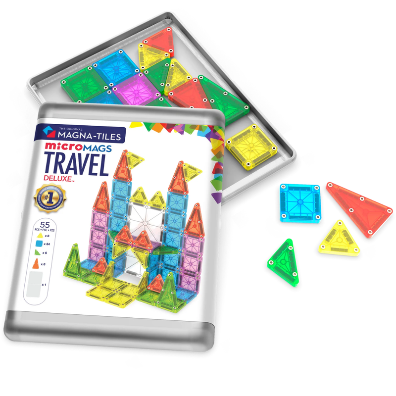 Magna-Tiles travel set with colorful magnetic tiles on a white background